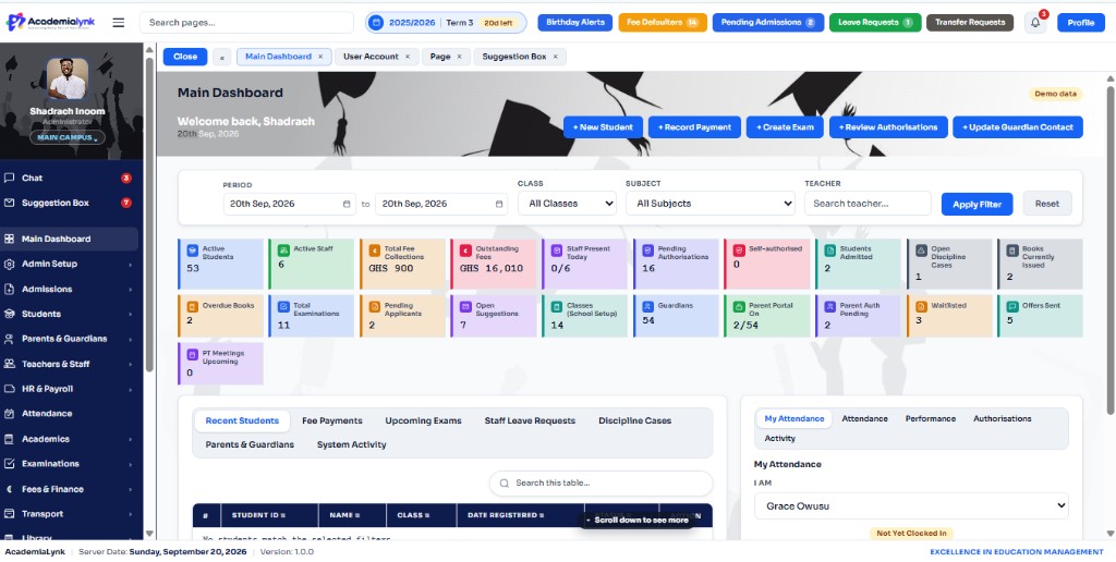 AcademiaLynk main dashboard with school stats and shortcuts