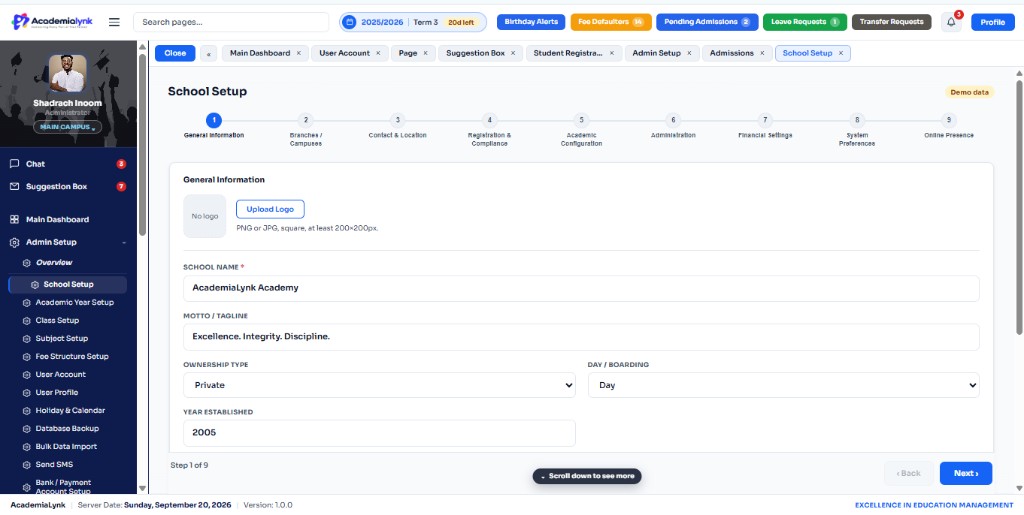 School setup wizard for general information